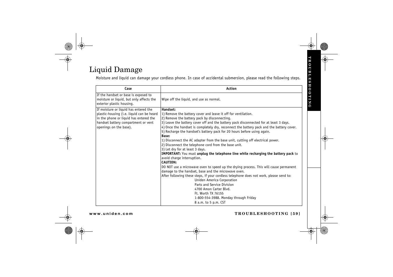 Liquid damage | Uniden 2.4 User Manual | Page 61 / 68