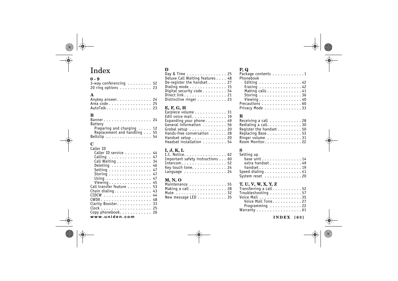 Index | Uniden 2.4 User Manual | Page 65 / 68