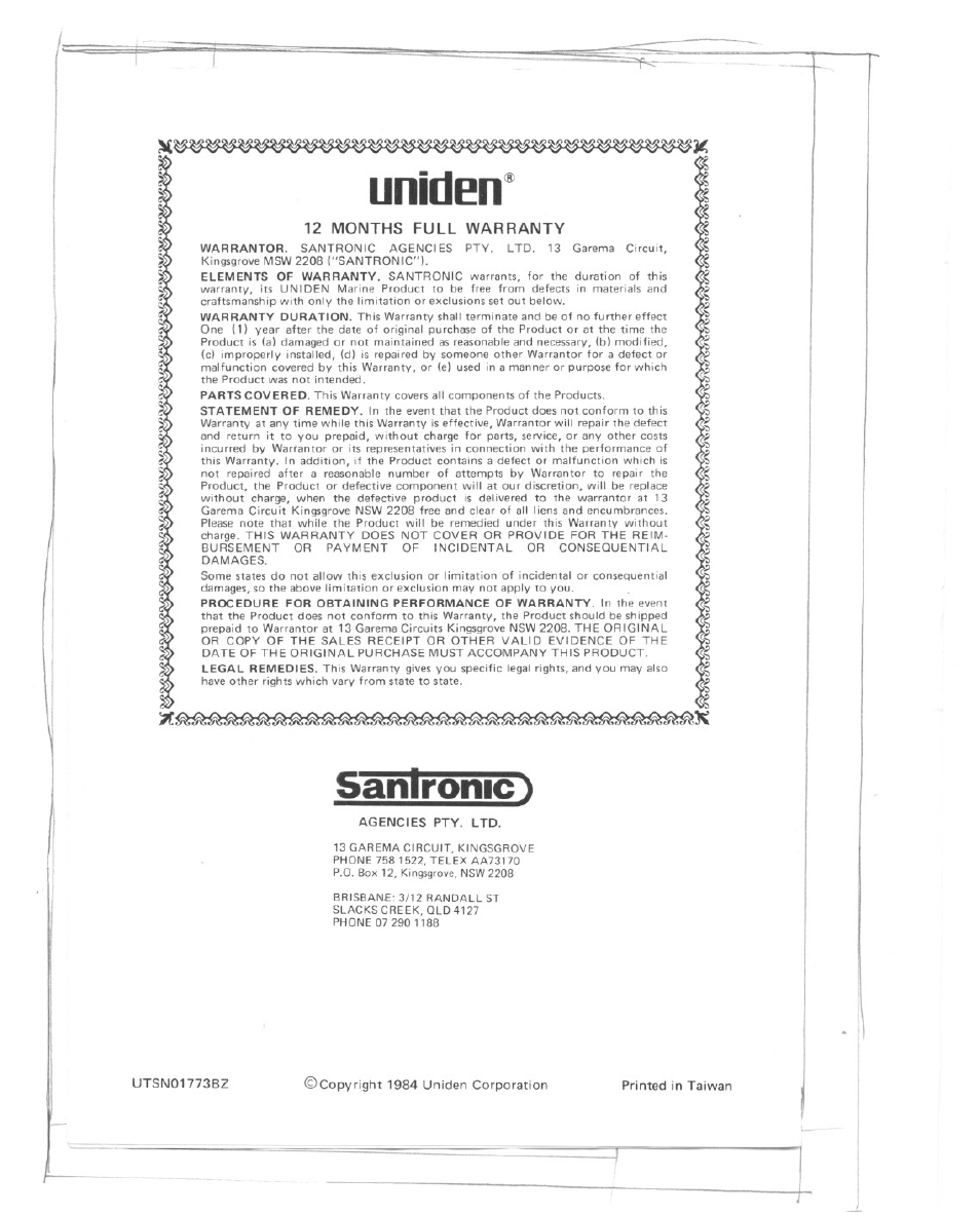 Uniden, Sanironic, 12 months full warranty | Uniden MC 722 User Manual | Page 10 / 10