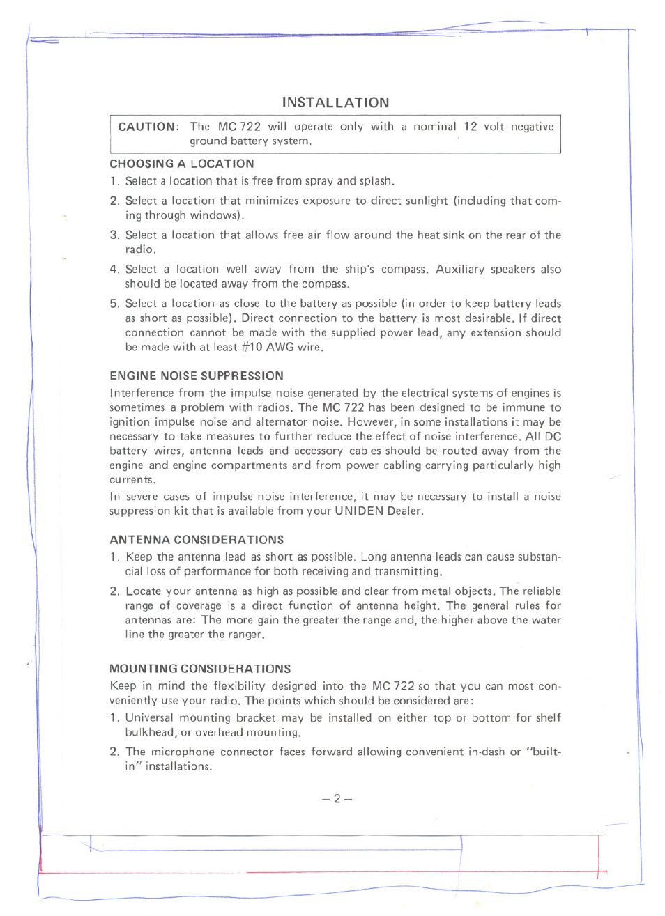 Installation | Uniden MC 722 User Manual | Page 3 / 10