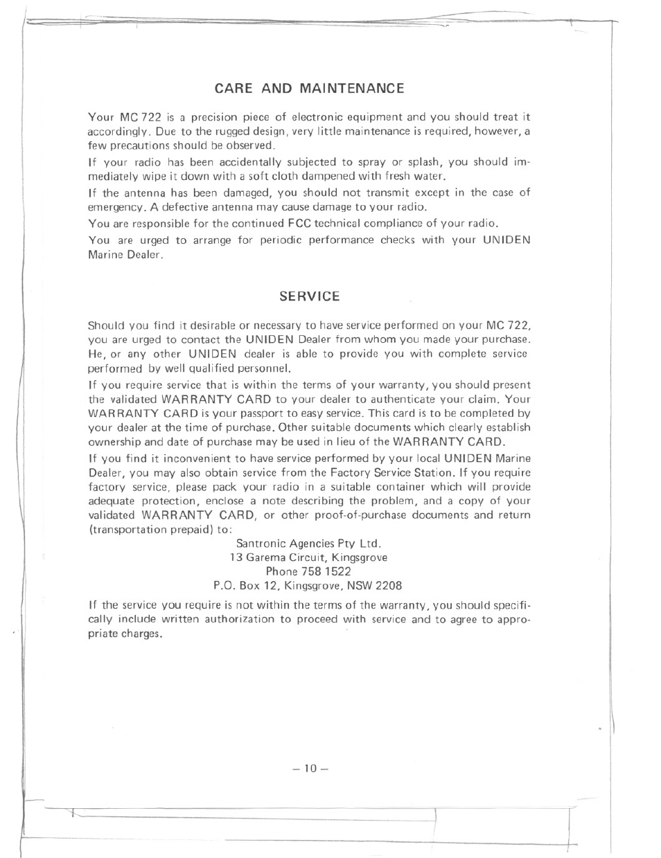 Care and maintenance, Service | Uniden MC 722 User Manual | Page 9 / 10