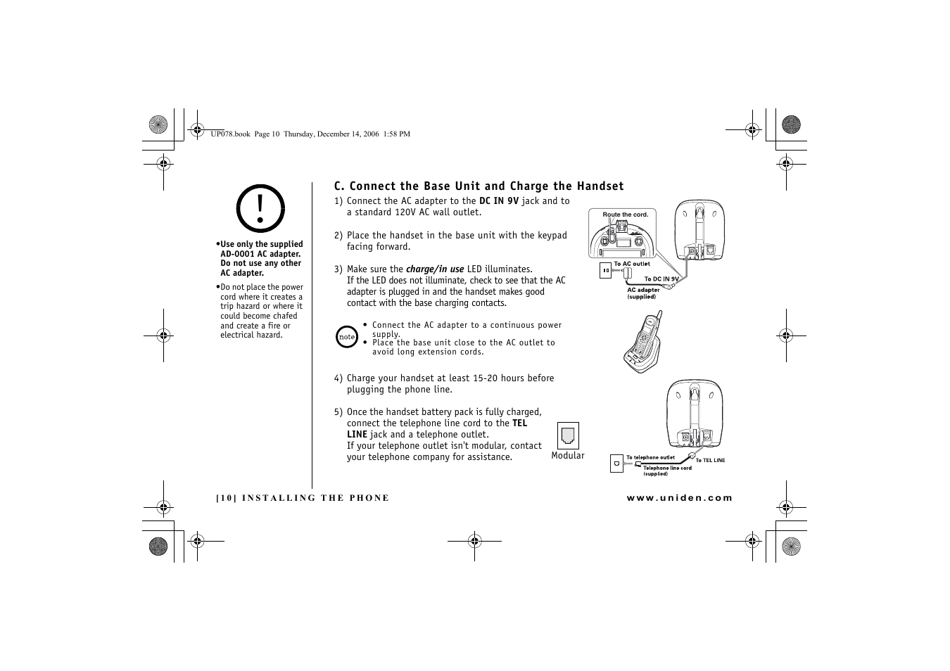 C. connect the base unit and charge the handset | Uniden EXI 4246 User Manual | Page 11 / 47