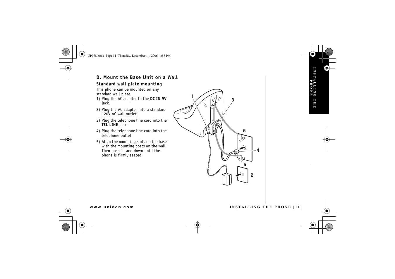 D. mount the base unit on a wall, Standard wall plate mounting | Uniden EXI 4246 User Manual | Page 12 / 47