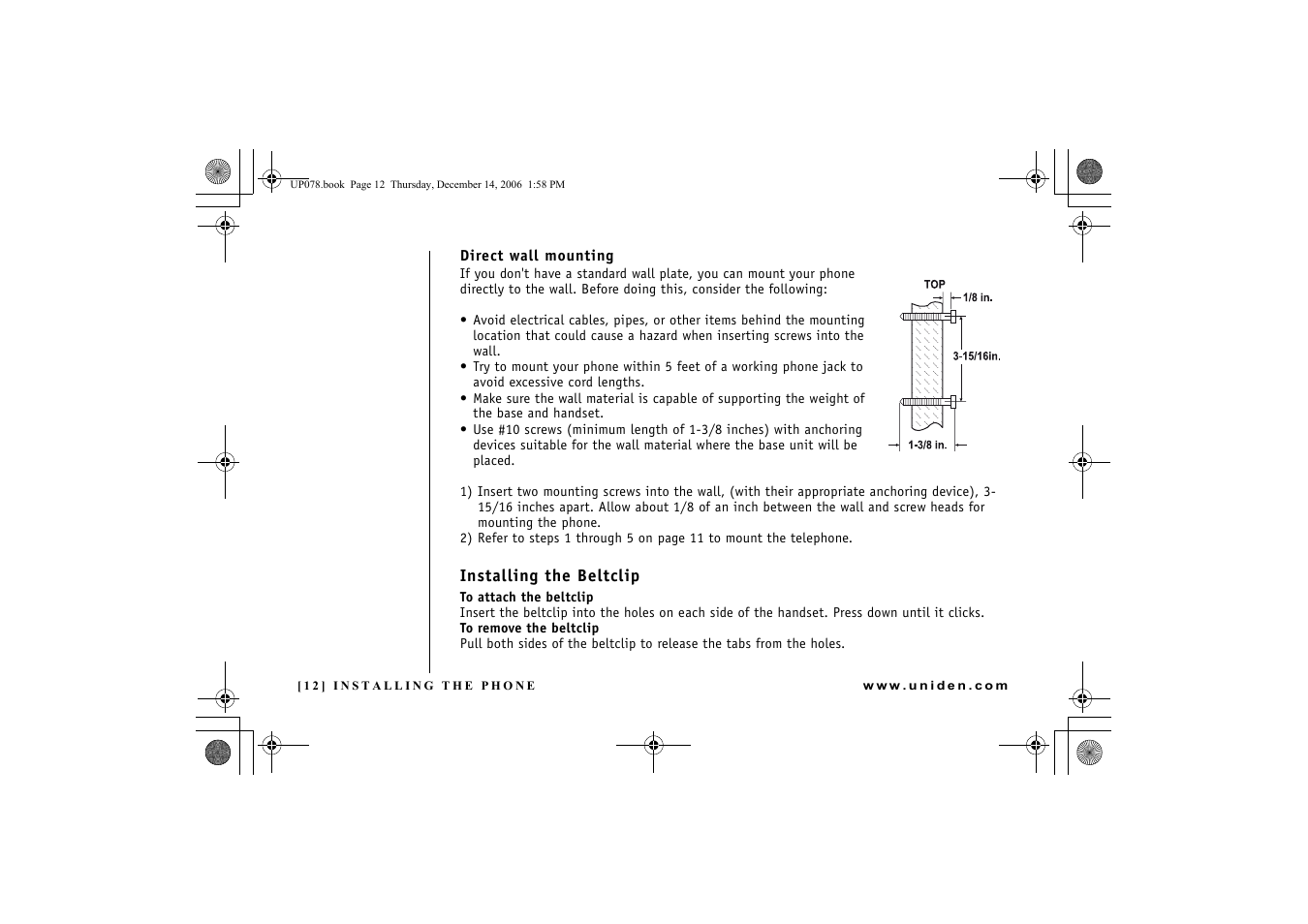 Direct wall mounting, Installing the beltclip | Uniden EXI 4246 User Manual | Page 13 / 47
