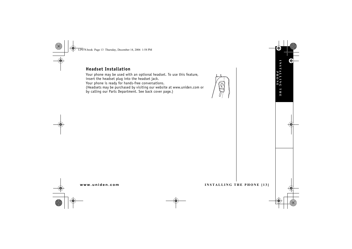 Headset installation | Uniden EXI 4246 User Manual | Page 14 / 47