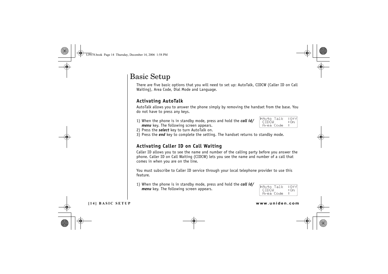 Basic setup, Activating autotalk, Activating caller id on call waiting | P.14, Es 14, 17 an, 14 an | Uniden EXI 4246 User Manual | Page 15 / 47