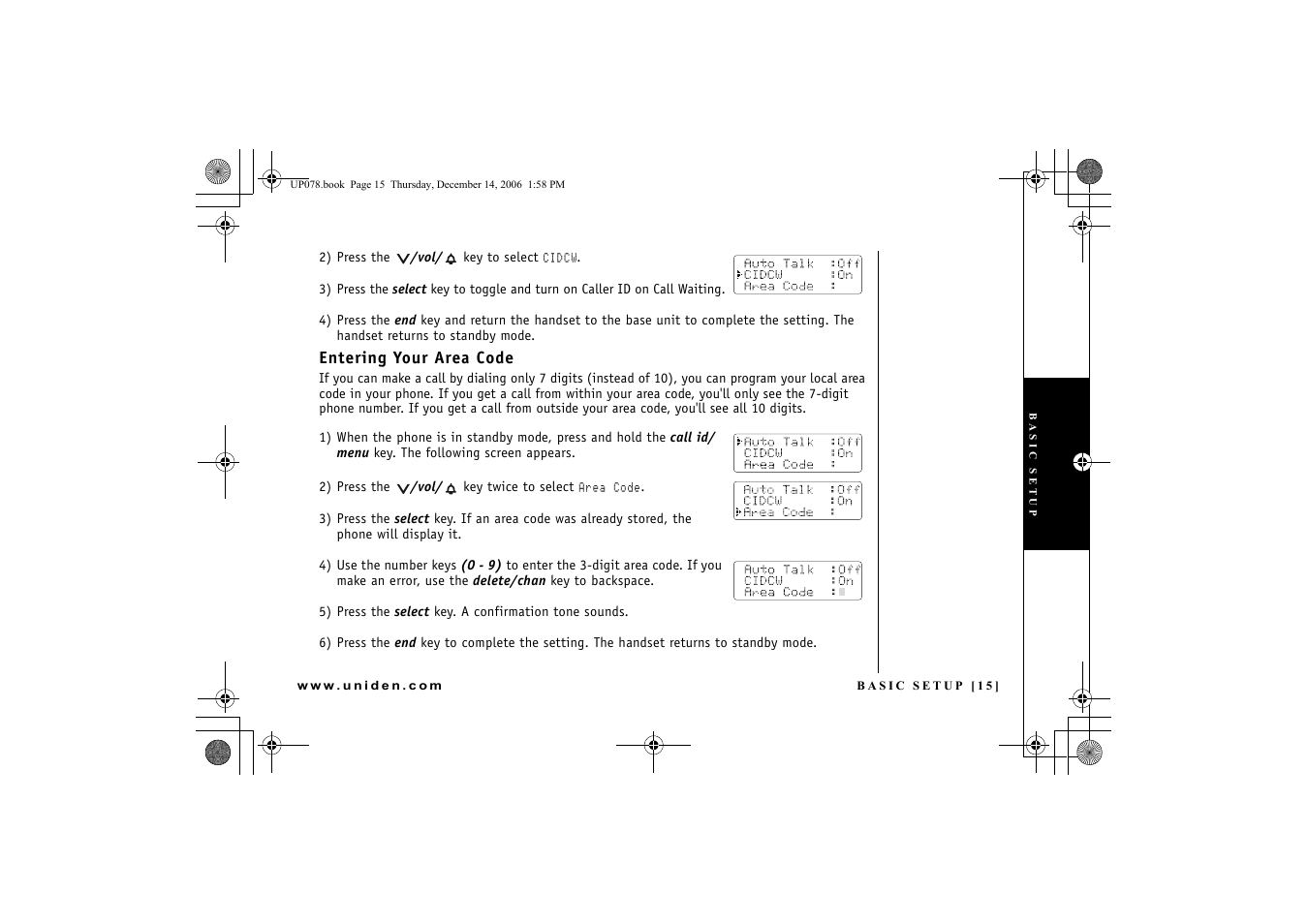 Entering your area code | Uniden EXI 4246 User Manual | Page 16 / 47