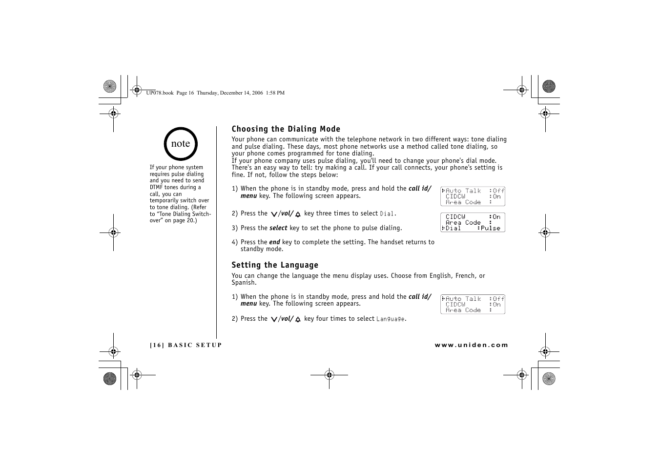 Choosing the dialing mode, Setting the language, P.16 | Uniden EXI 4246 User Manual | Page 17 / 47