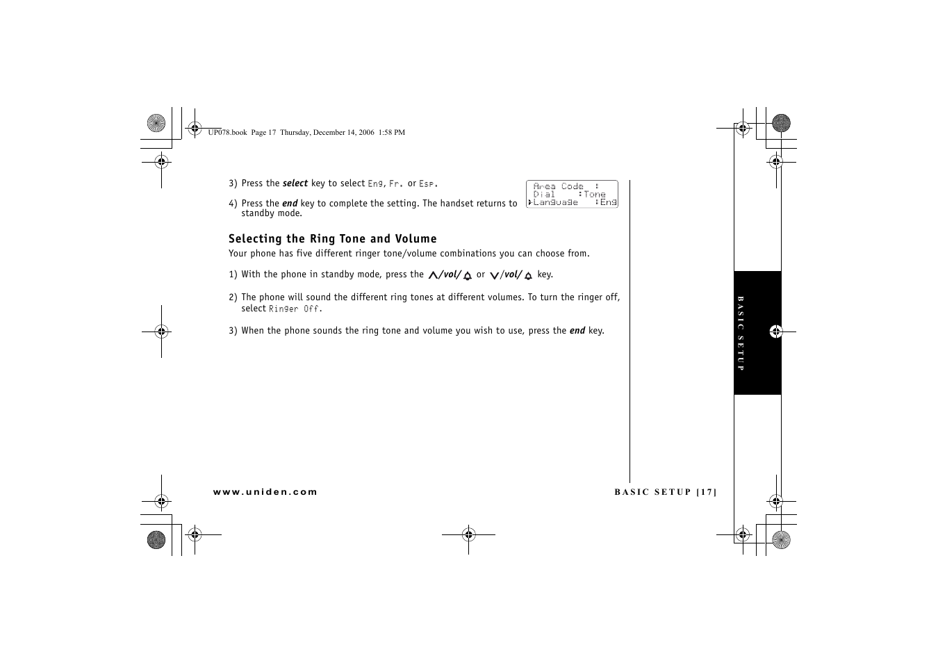 Selecting the ring tone and volume, P.17 | Uniden EXI 4246 User Manual | Page 18 / 47