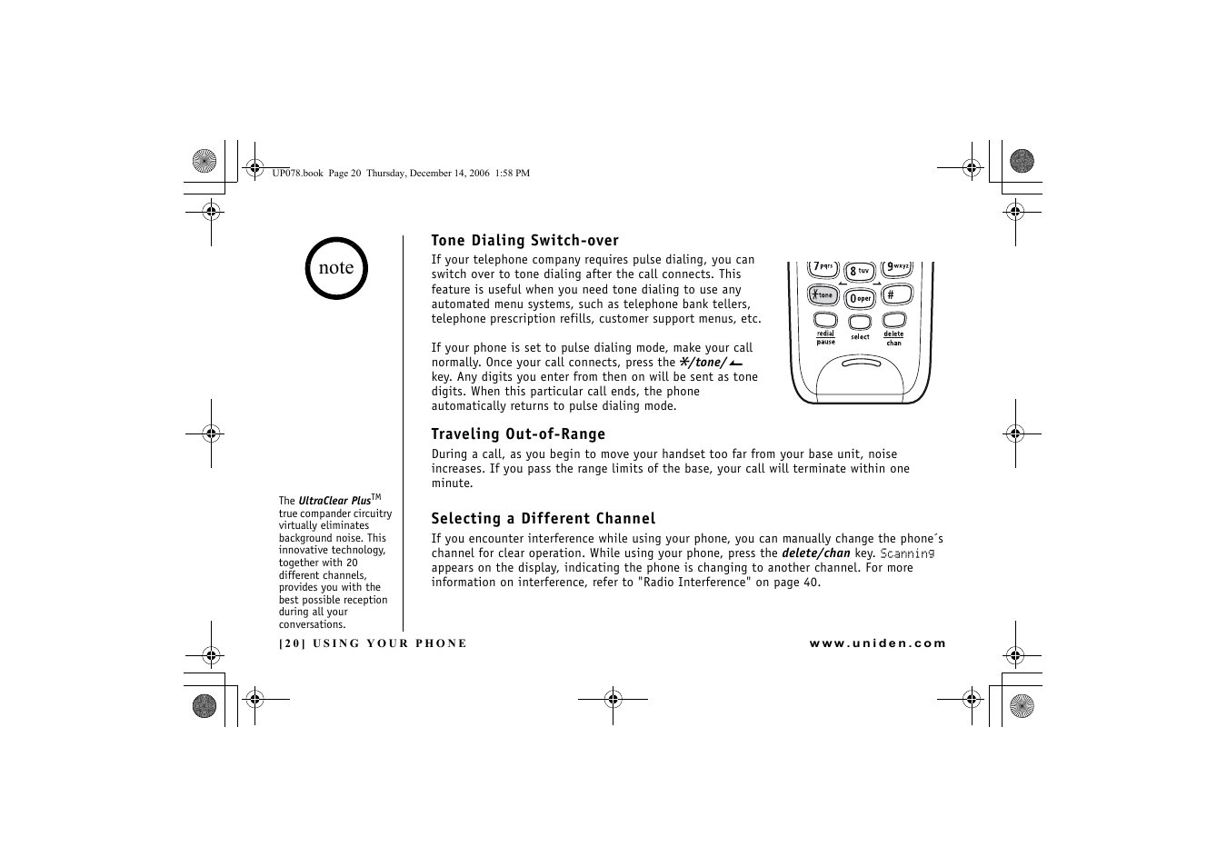 Tone dialing switch-over, Traveling out-of-range, Selecting a different channel | Es 20 | Uniden EXI 4246 User Manual | Page 21 / 47
