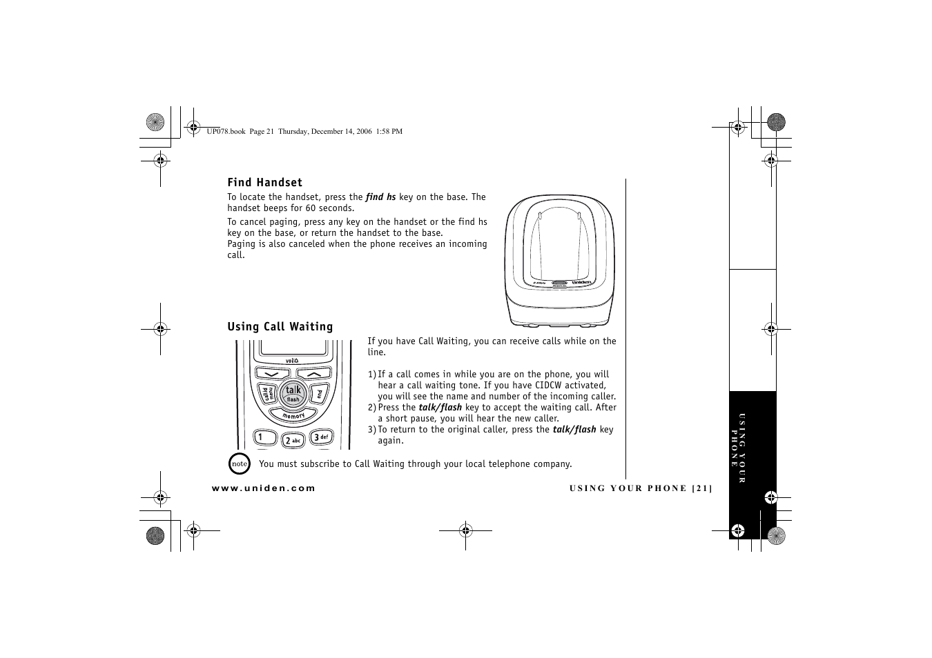 Find handset, Using call waiting, D 21) | Uniden EXI 4246 User Manual | Page 22 / 47