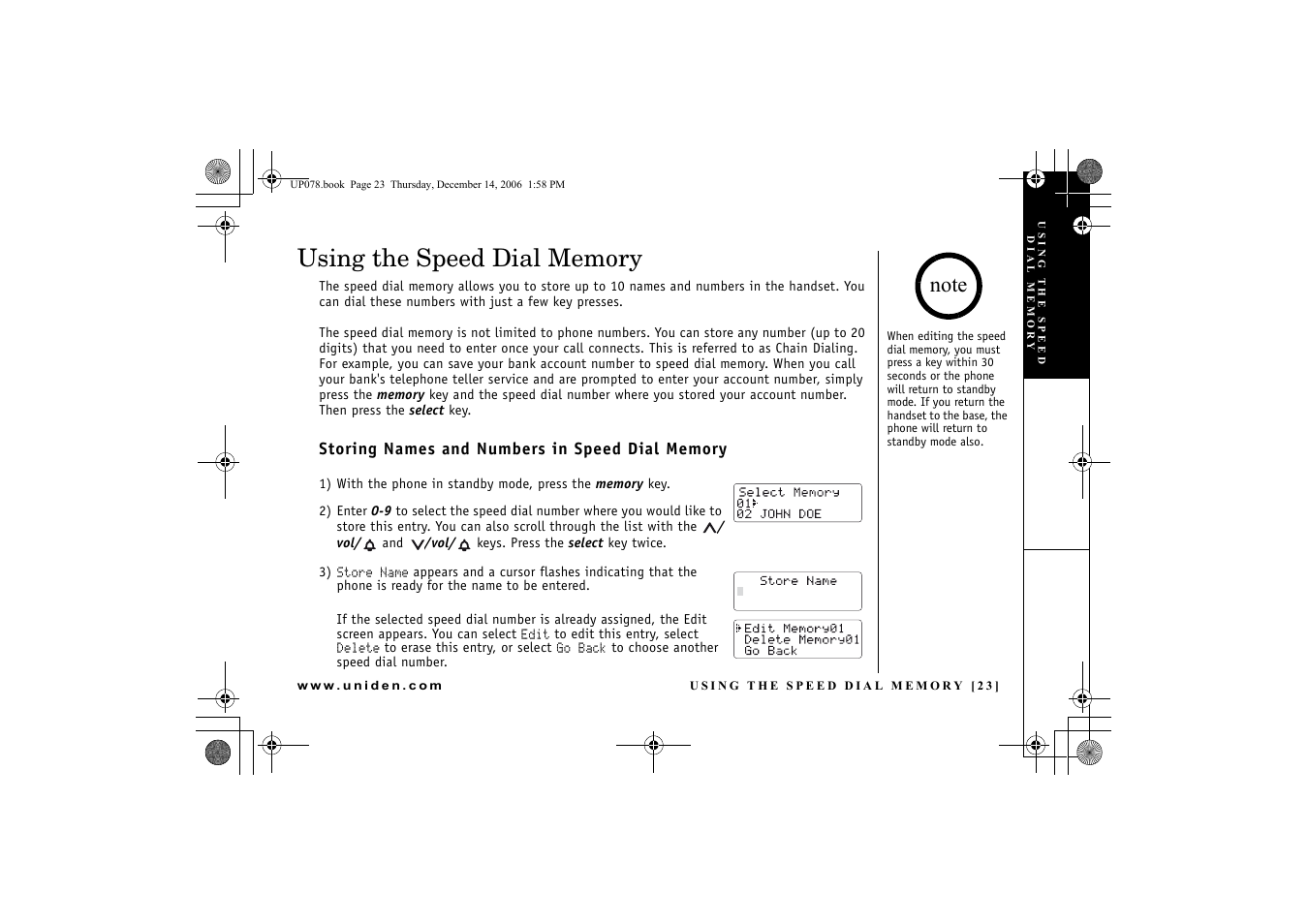 Using the speed dial memory, Storing names and numbers in speed dial memory, D 23 | Uniden EXI 4246 User Manual | Page 24 / 47