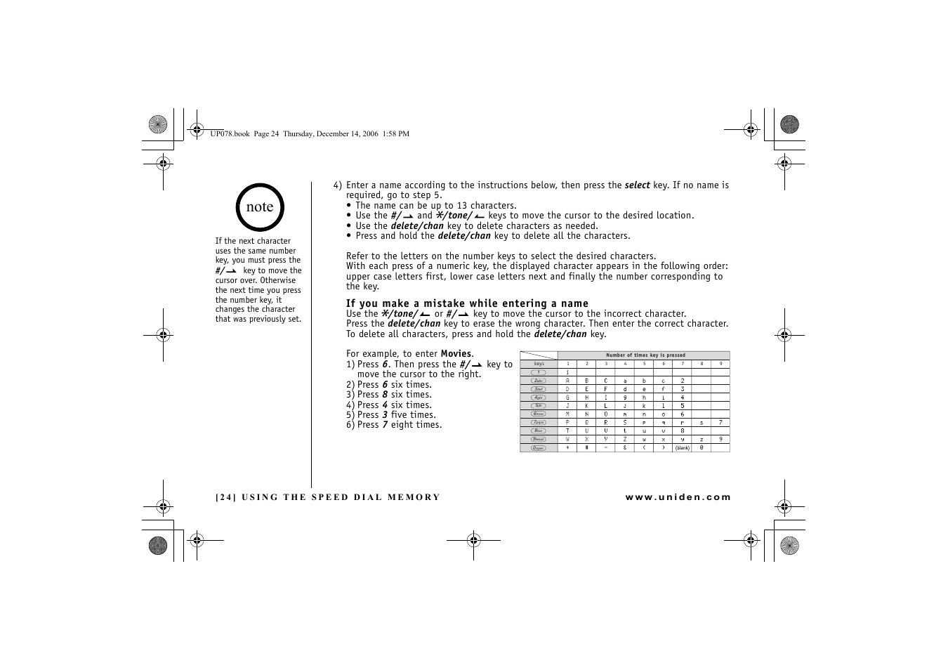 If you make a mistake while entering a name | Uniden EXI 4246 User Manual | Page 25 / 47
