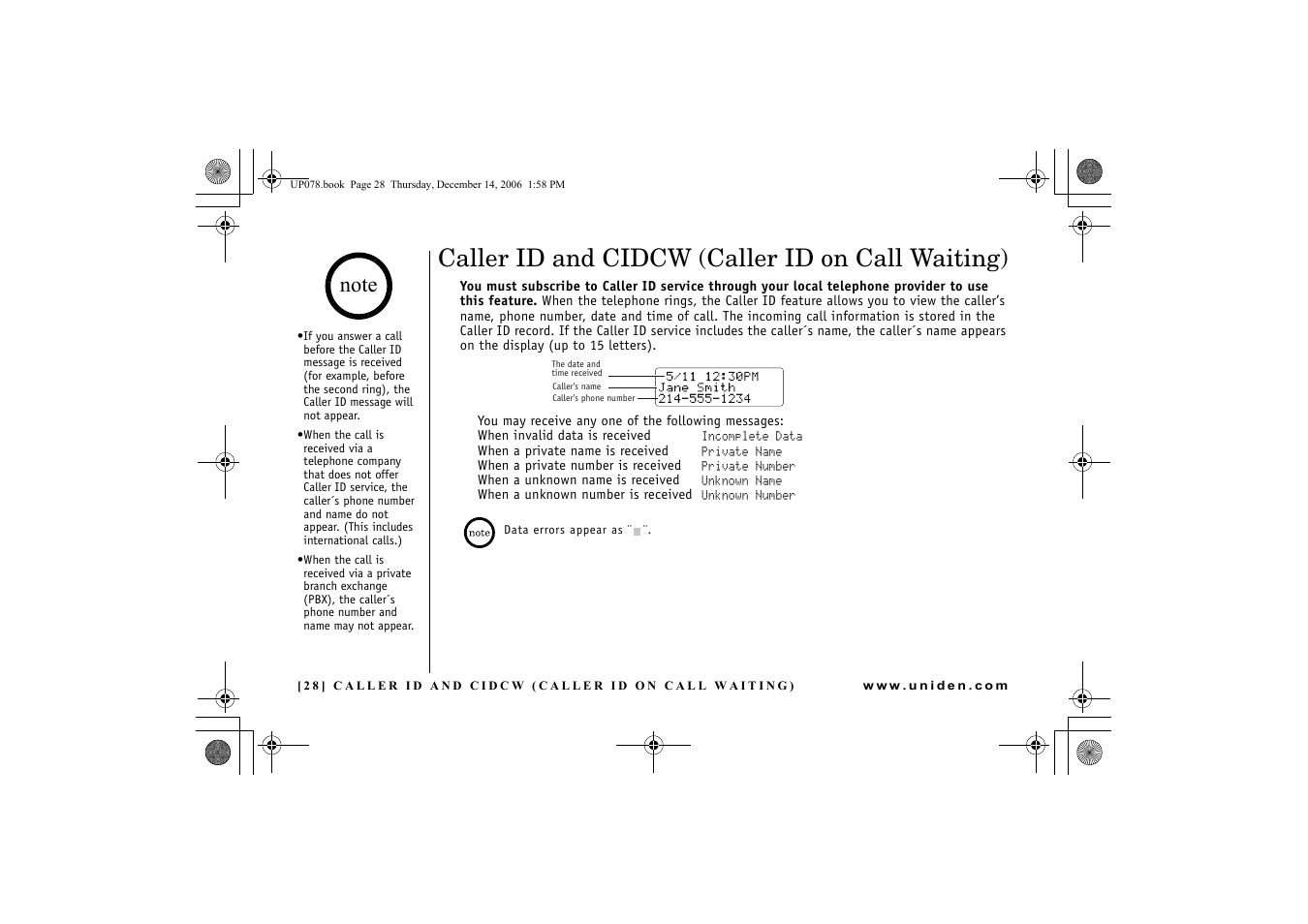 Caller id and cidcw (caller id on call waiting), Caller id and cidcw (caller id on call waiting) 28 | Uniden EXI 4246 User Manual | Page 29 / 47