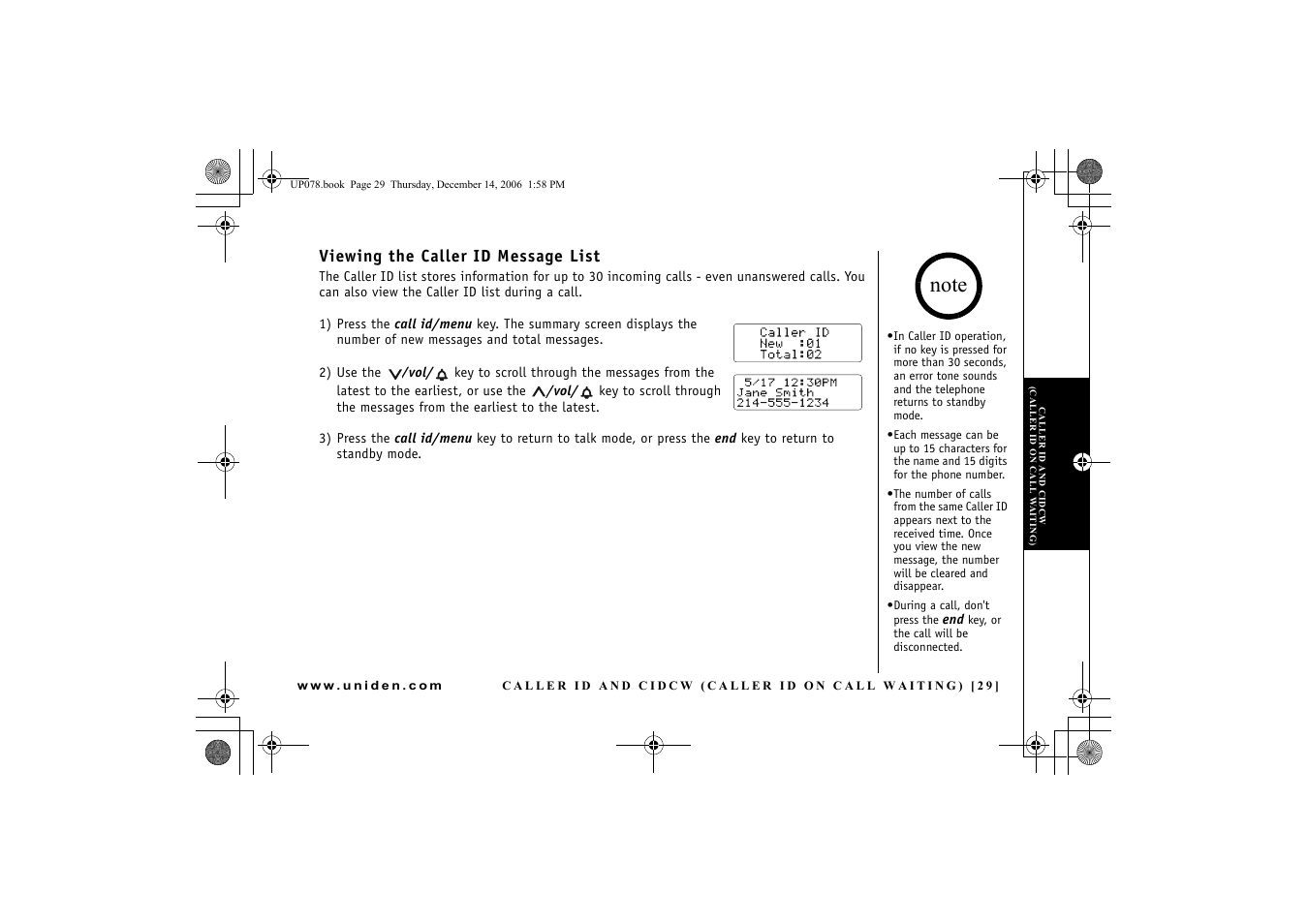 Viewing the caller id message list | Uniden EXI 4246 User Manual | Page 30 / 47