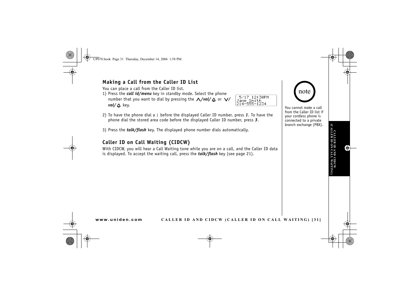 Making a call from the caller id list, Caller id on call waiting (cidcw) | Uniden EXI 4246 User Manual | Page 32 / 47
