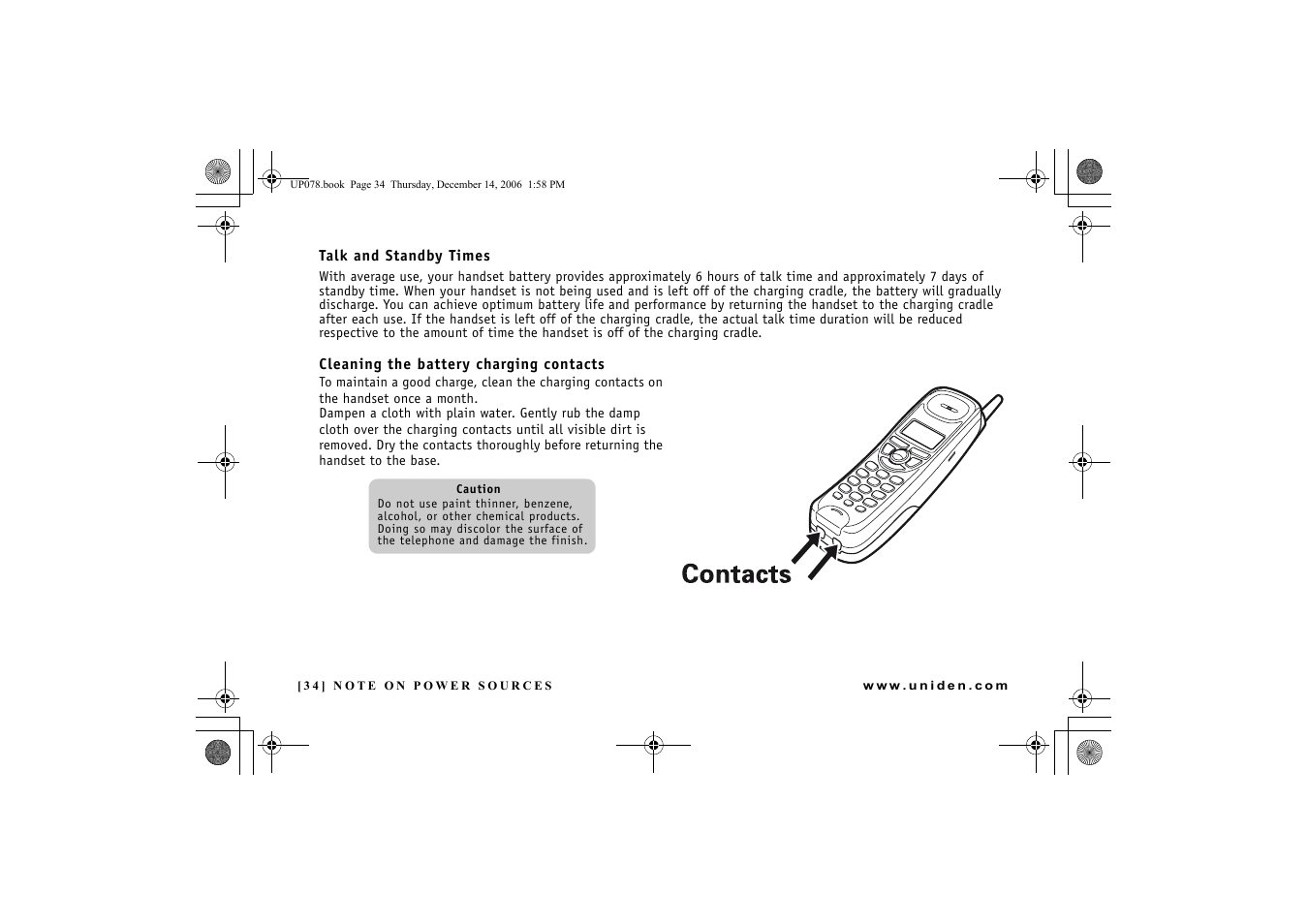 Talk and standby times, Cleaning the battery charging contacts | Uniden EXI 4246 User Manual | Page 35 / 47