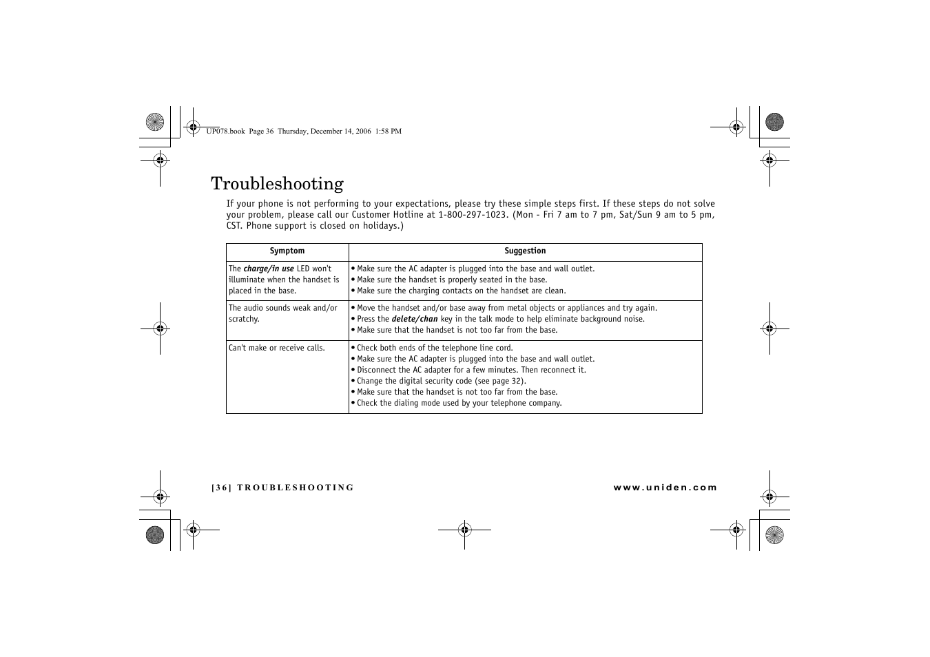 Troubleshooting, Troubleshooting 36 | Uniden EXI 4246 User Manual | Page 37 / 47