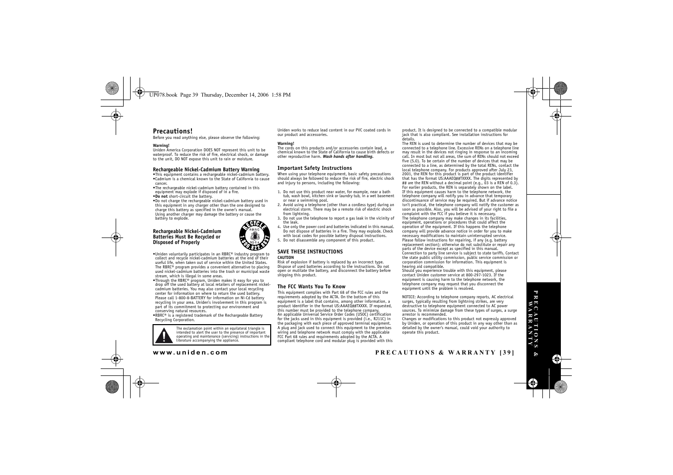 Precautions & warranty, Precautions | Uniden EXI 4246 User Manual | Page 40 / 47