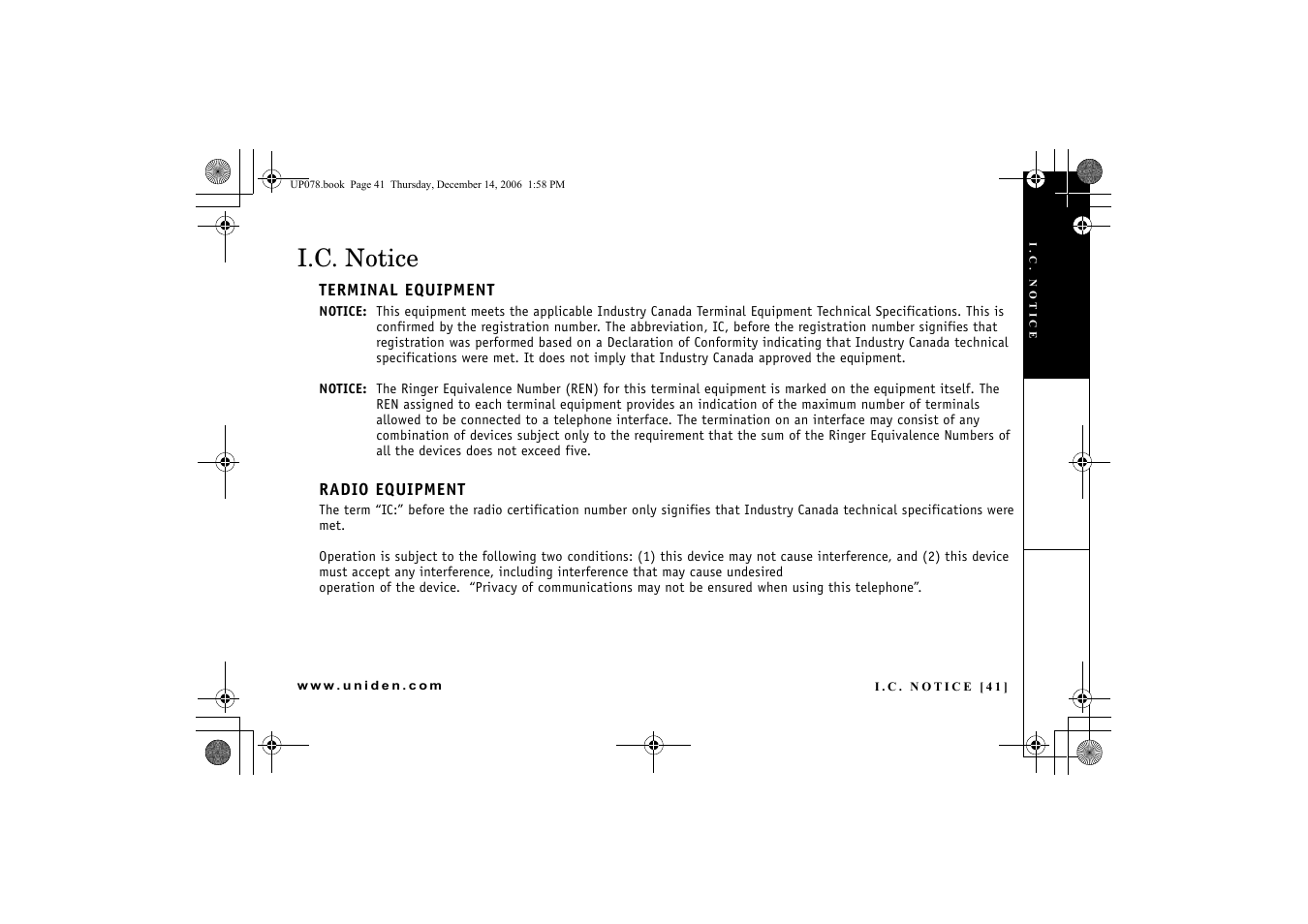 I.c. notice | Uniden EXI 4246 User Manual | Page 42 / 47