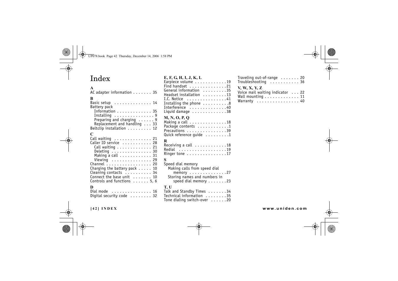 Index, Index 42 | Uniden EXI 4246 User Manual | Page 43 / 47