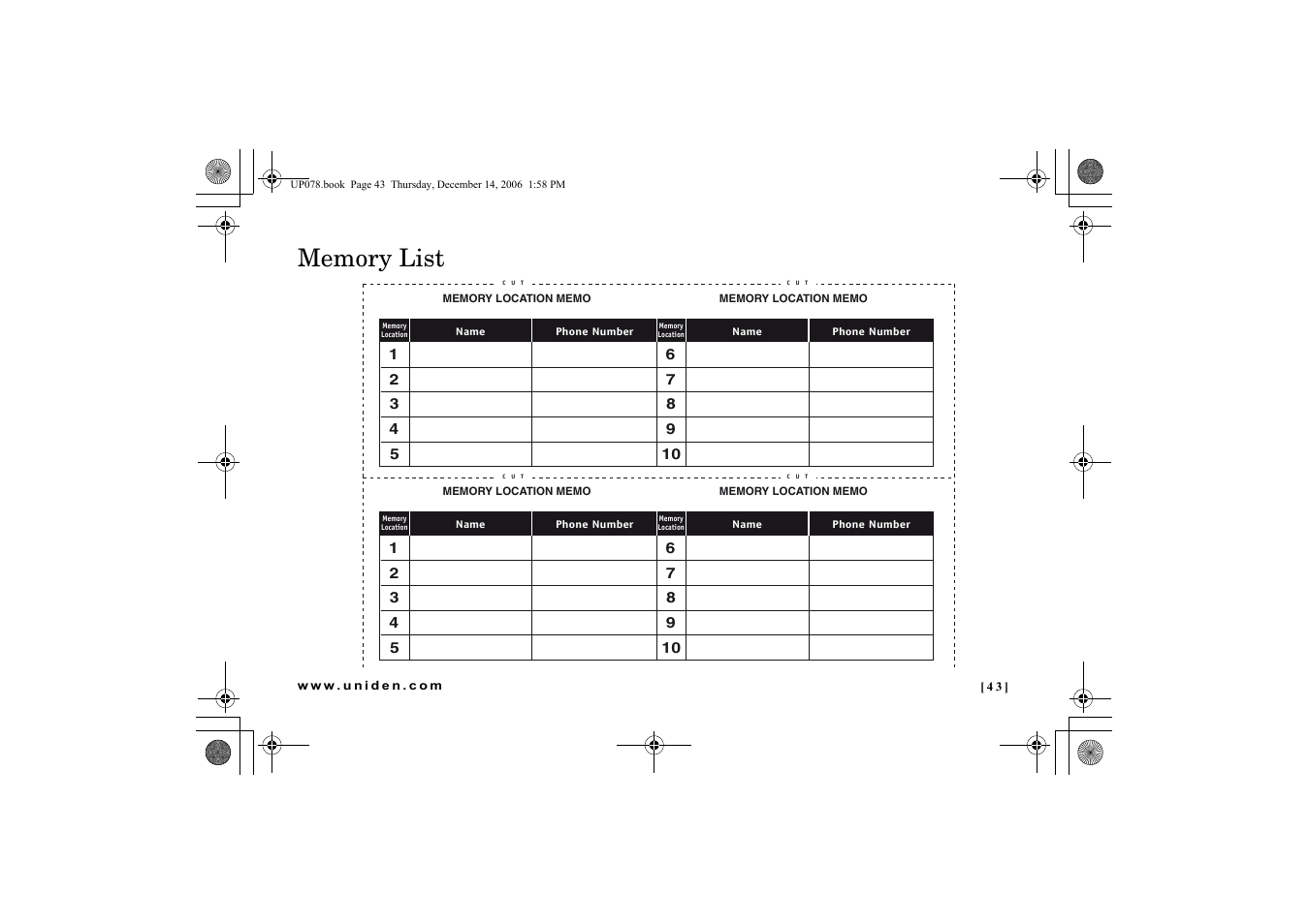 Memory list | Uniden EXI 4246 User Manual | Page 44 / 47