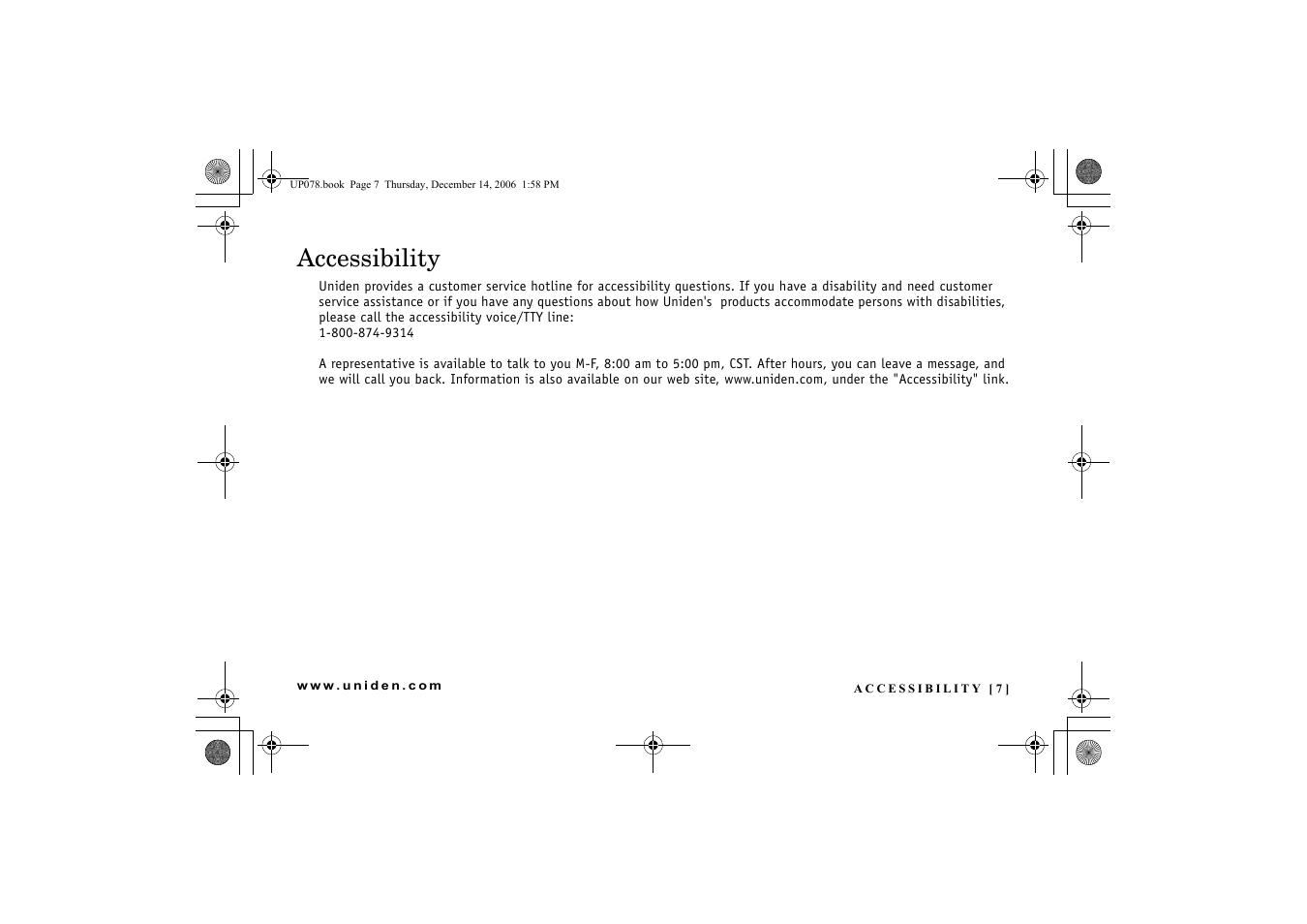 Accessibility, Accessibility 7 | Uniden EXI 4246 User Manual | Page 8 / 47