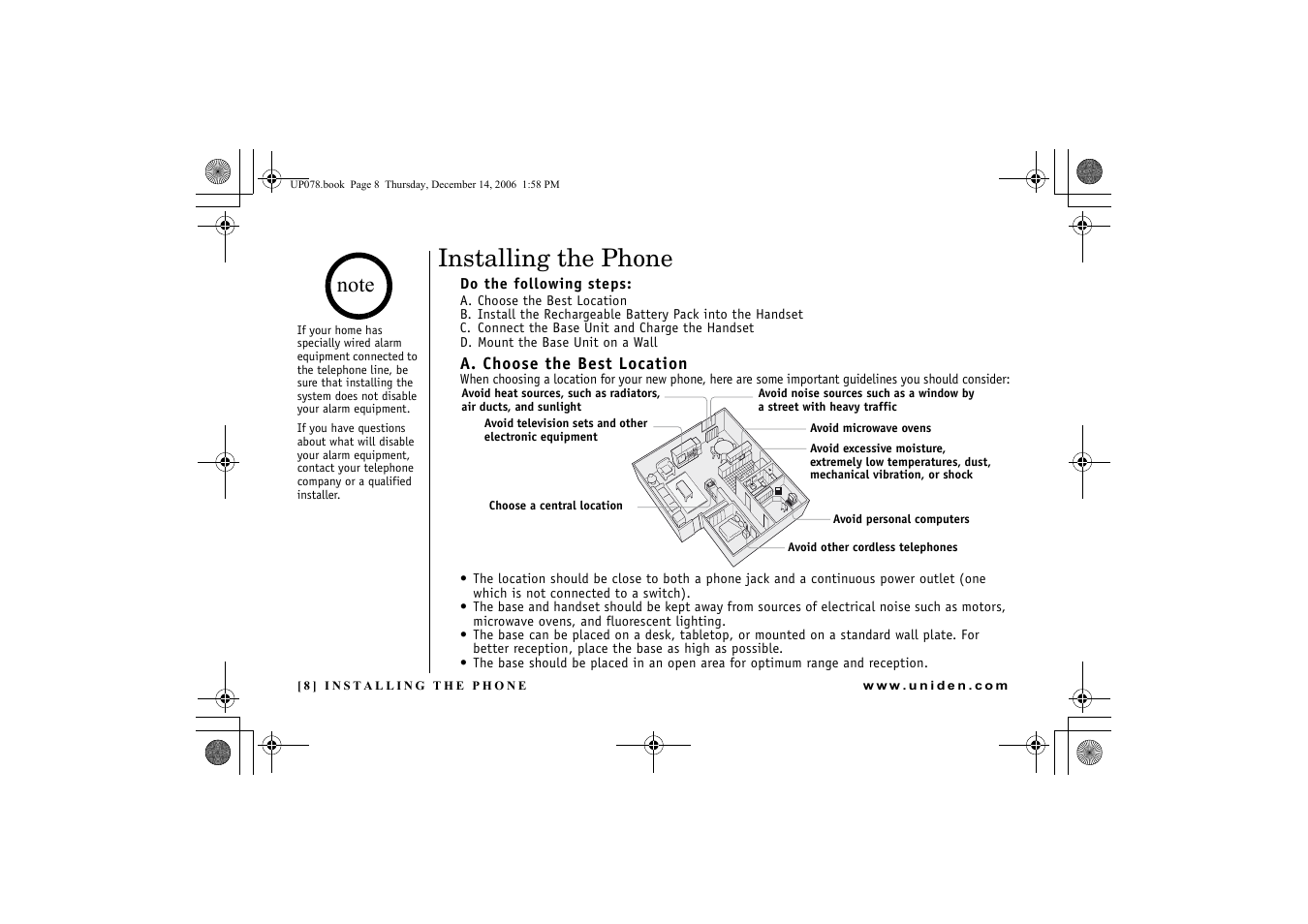 Installing the phone, Do the following steps, A. choose the best location | Uniden EXI 4246 User Manual | Page 9 / 47