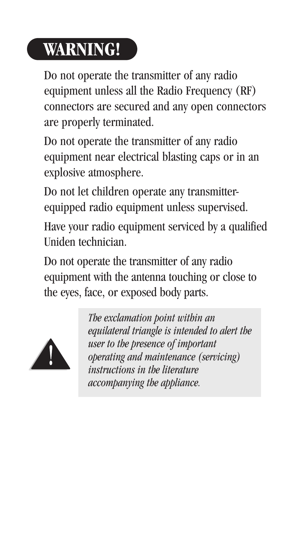 Warning | Uniden UH-048XR User Manual | Page 2 / 32