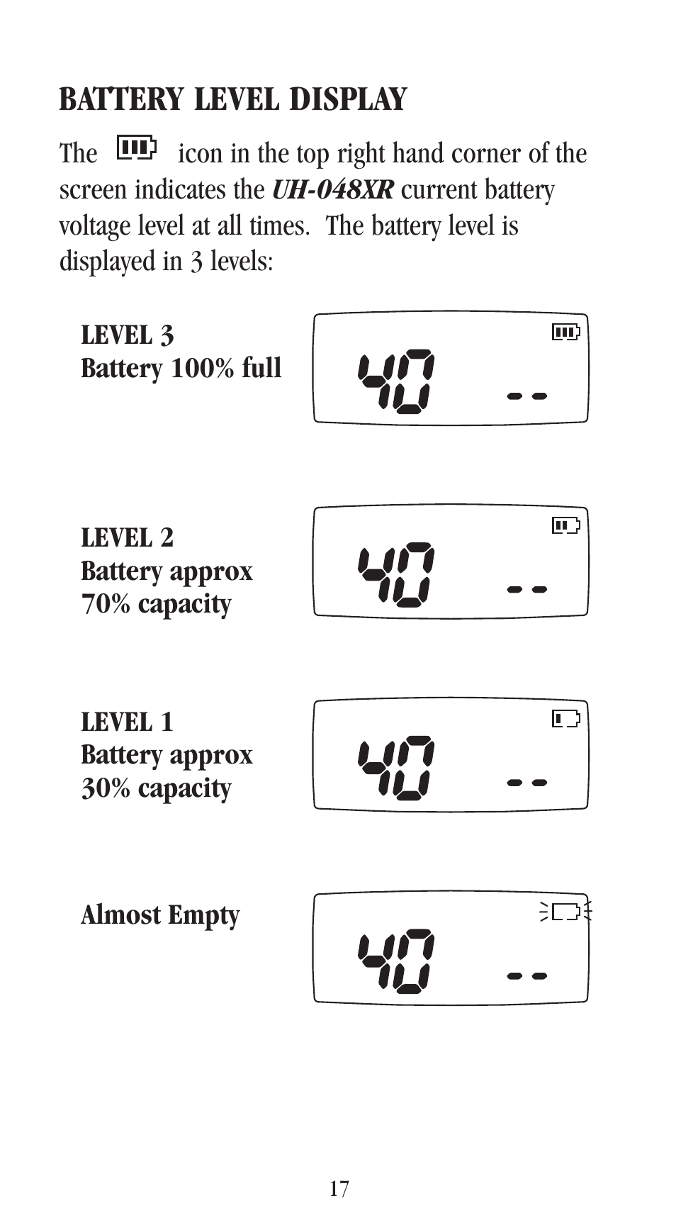 Battery level display | Uniden UH-048XR User Manual | Page 20 / 32