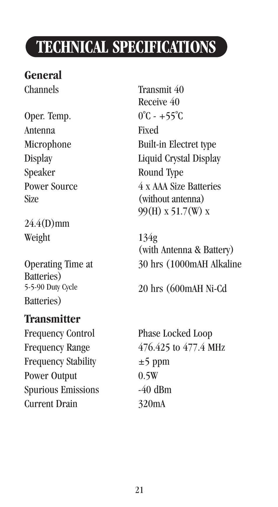 Technical specifications | Uniden UH-048XR User Manual | Page 24 / 32