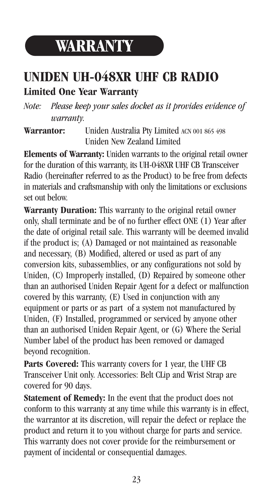 Warranty, Uniden uh-048xr uhf cb radio | Uniden UH-048XR User Manual | Page 26 / 32
