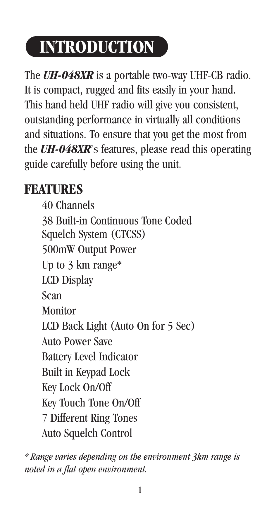 Introduction, Features | Uniden UH-048XR User Manual | Page 4 / 32