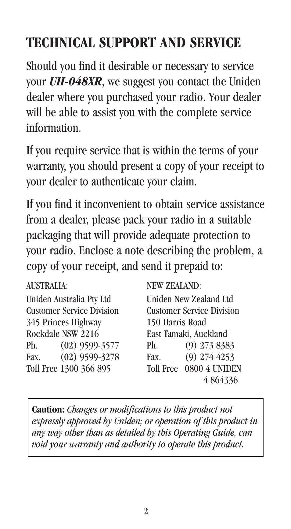 Technical support and service | Uniden UH-048XR User Manual | Page 5 / 32