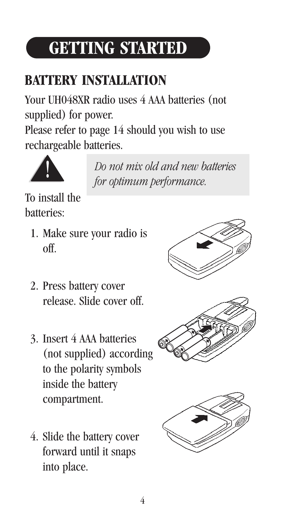 Getting started, Battery installation | Uniden UH-048XR User Manual | Page 7 / 32