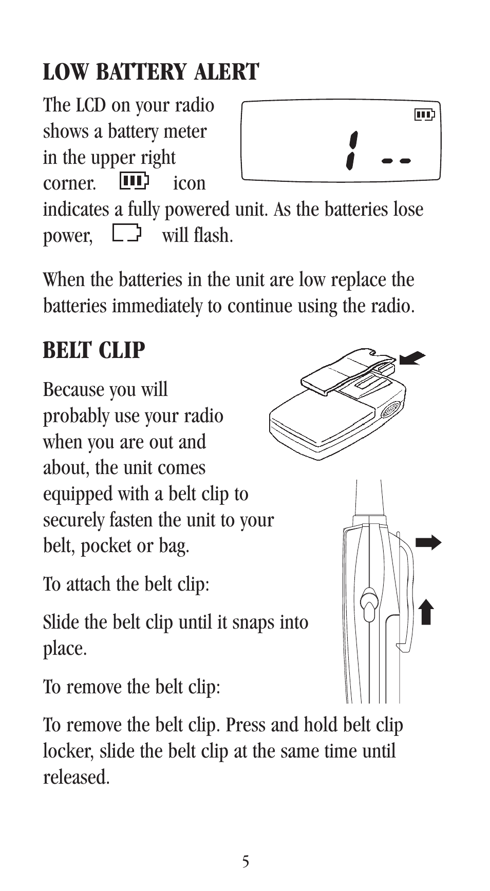 Low battery alert, Belt clip | Uniden UH-048XR User Manual | Page 8 / 32