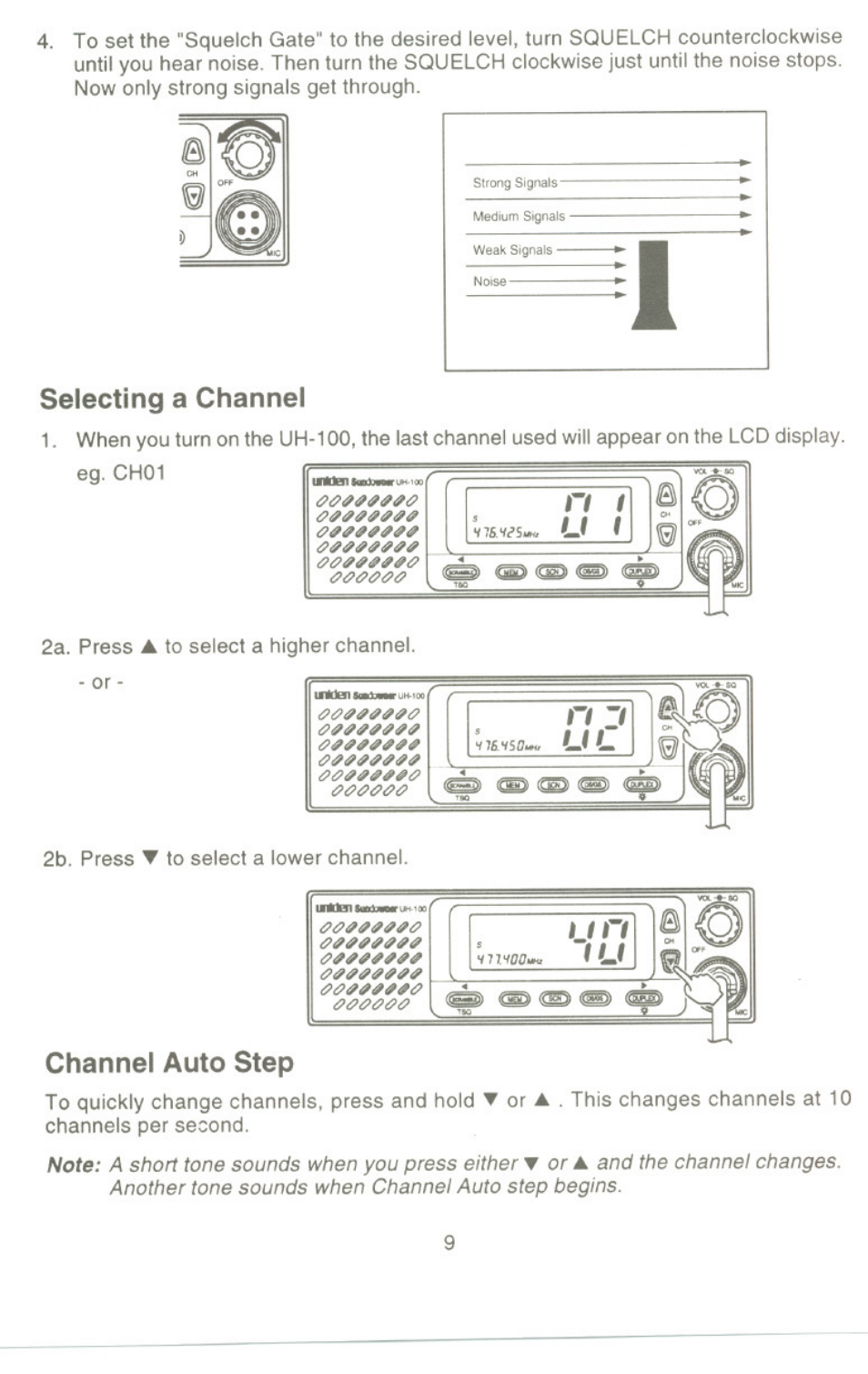 Selecting a channel, Channel auto step, If channel auto step | Uniden UH-100 User Manual | Page 10 / 52