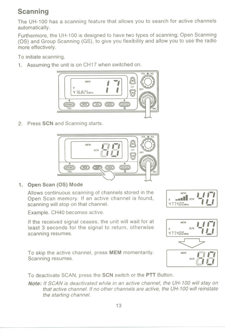 Scanning | Uniden UH-100 User Manual | Page 14 / 52