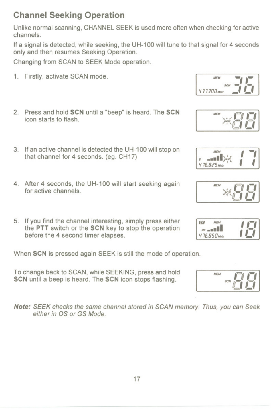 Channel seeking operation | Uniden UH-100 User Manual | Page 18 / 52