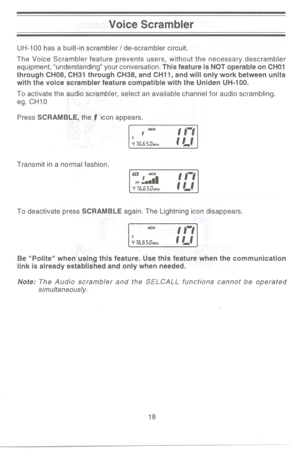 Voice scrambler | Uniden UH-100 User Manual | Page 19 / 52