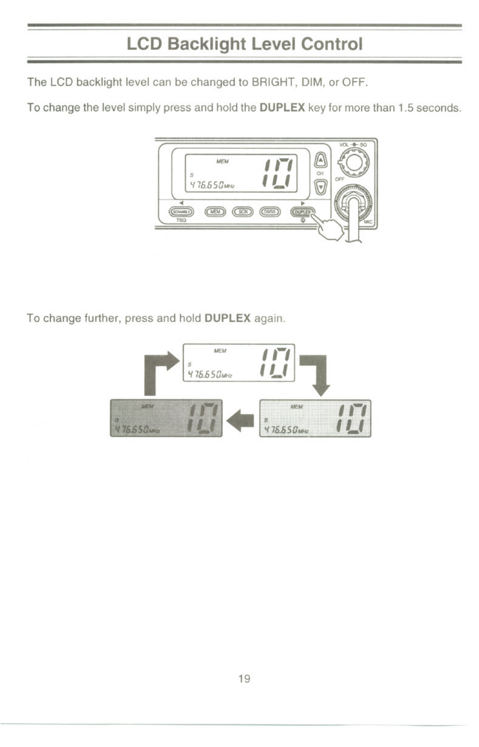 Lcd backlight level control | Uniden UH-100 User Manual | Page 20 / 52