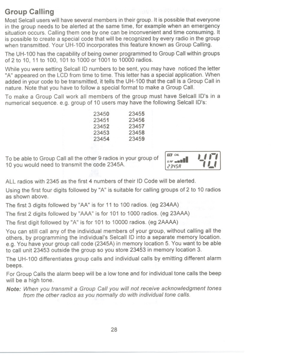 Group calling | Uniden UH-100 User Manual | Page 29 / 52
