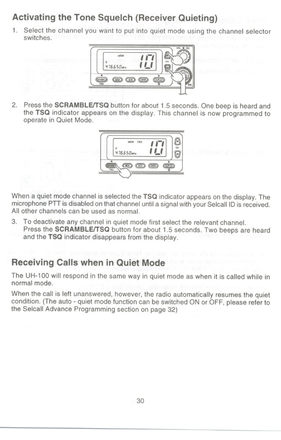 Receiving calls when in quiet mode, Activating the tone squelch (receiver quieting) | Uniden UH-100 User Manual | Page 31 / 52