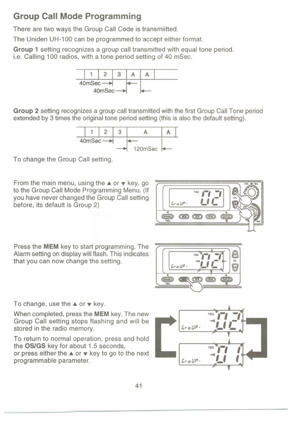 Group call mode programming, Lraup | Uniden UH-100 User Manual | Page 42 / 52