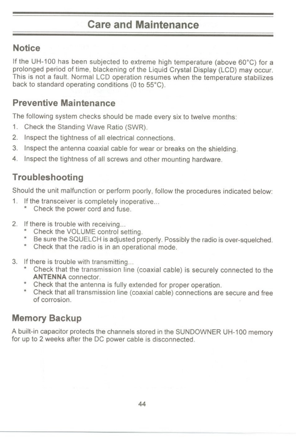 Care and maintenance, Notice, Preventive maintenance | Troubleshooting, Memory backup, Notice preventive maintenance | Uniden UH-100 User Manual | Page 45 / 52