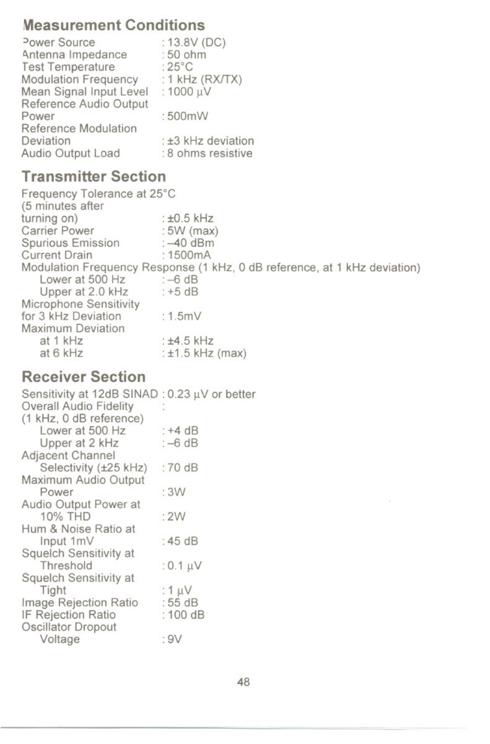 Vleasurement conditions, Transmitter section, Receiver section | Measurement conditions | Uniden UH-100 User Manual | Page 49 / 52