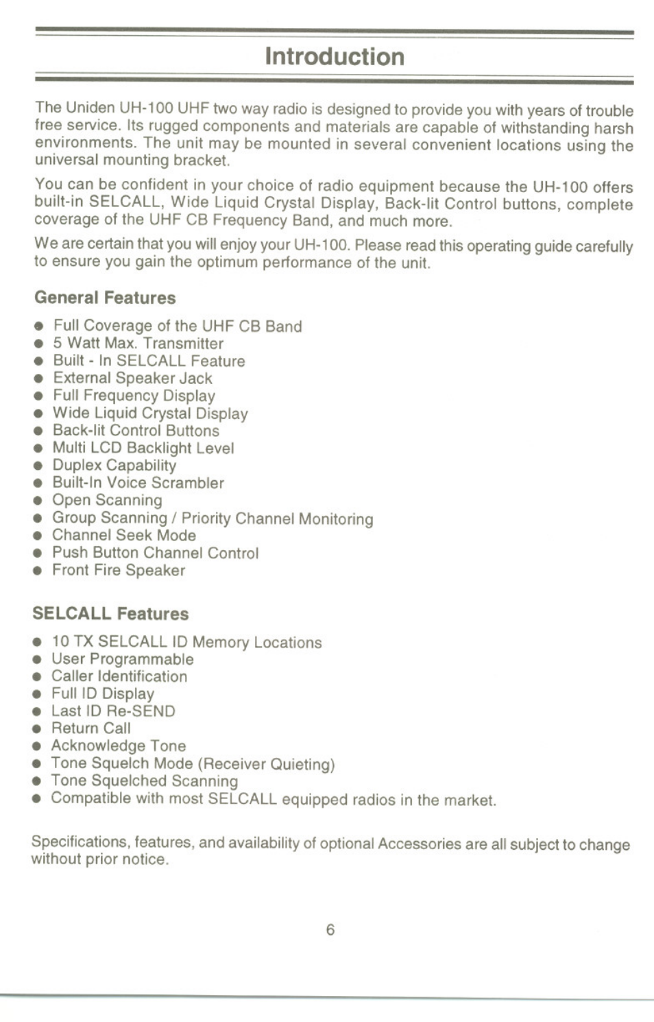Introduction | Uniden UH-100 User Manual | Page 7 / 52