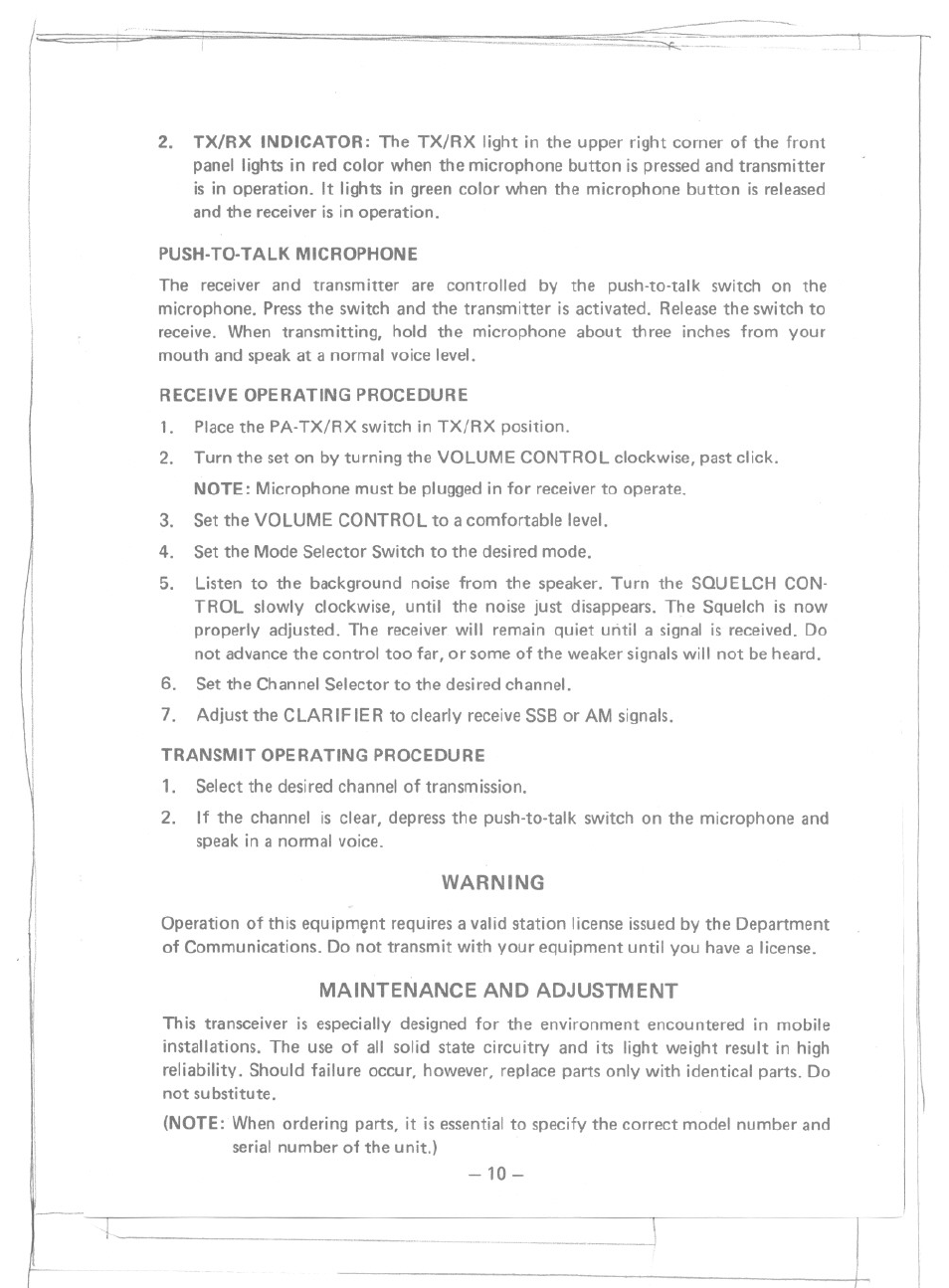 Warning, Maintenance and adjustment | Uniden MC-4700 User Manual | Page 11 / 12