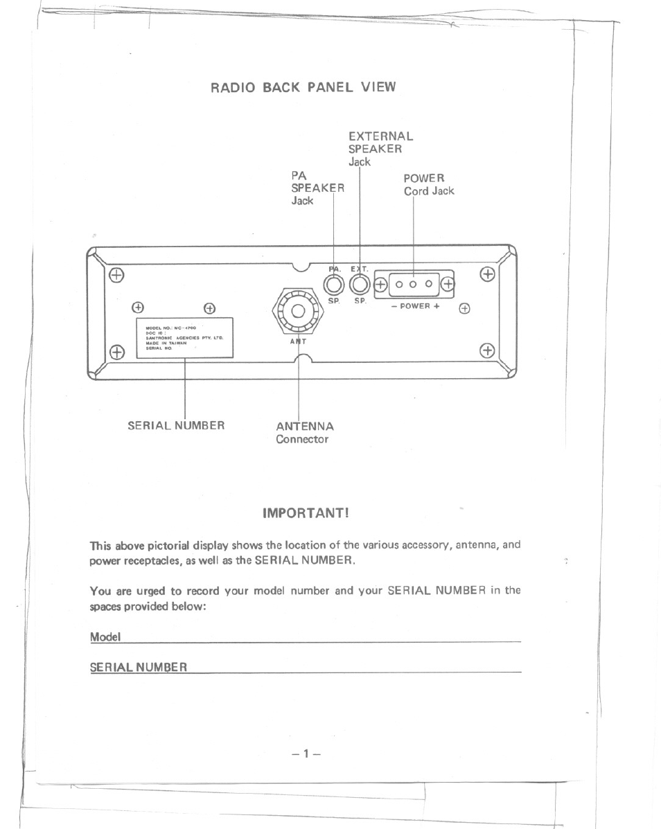 Radio back panel view, Important | Uniden MC-4700 User Manual | Page 2 / 12