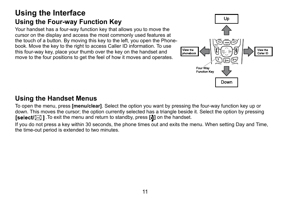 Using the interface, Using the four-way function key, Using the handset menus | Uniden DCT756 User Manual | Page 11 / 60